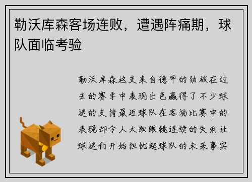 勒沃库森客场连败，遭遇阵痛期，球队面临考验